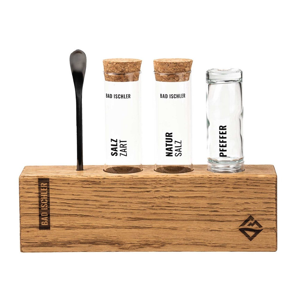 Bad Ischler Menage aus Holz mit Gläsern für Salzzart und Natursalz, Pfeffermühle und Löffel