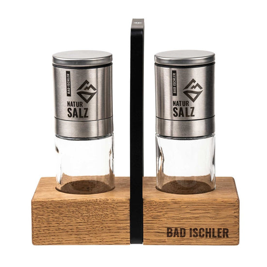 Bad Ischler Natursalzmenage aus Holz mit zwei leeren Mühlen aus Glas und Edelstahl