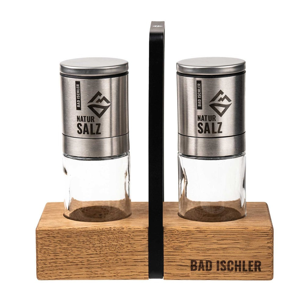 Bad Ischler Natursalzmenage aus Holz mit zwei leeren Mühlen aus Glas und Edelstahl