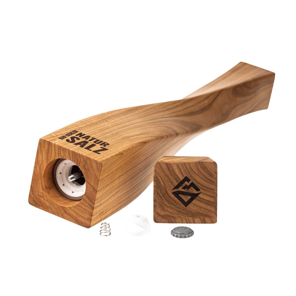 Keramikmahlwerk der Bad Ischler Salzmühle XXL mit abgenommenem Holzdeckel und Natursalz-Icon