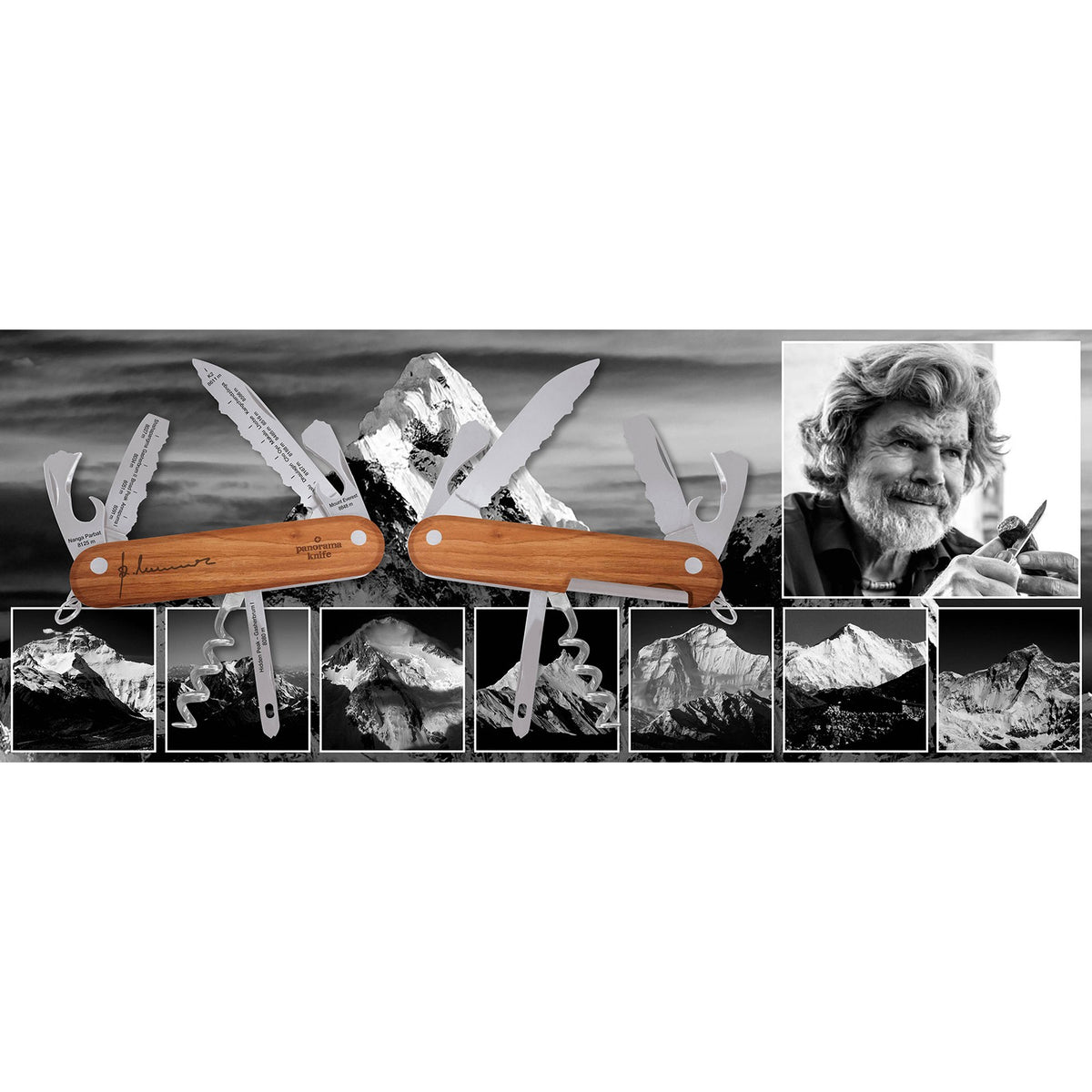 Reinhold Messner Taschenmesser von beiden Seiten vor Schwarzweißfotos der Achttausender, daneben ein Porträt des Bergsteigers