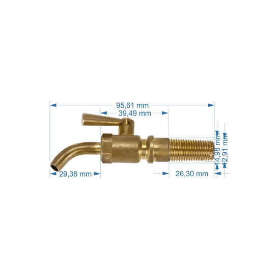 Maßzeichnung Messing-Zapfhahn: Gesamtlänge 95,61 mm, Auslauf 29,38 mm, Gewinde 26,30 mm, Hebel 39,49 mm