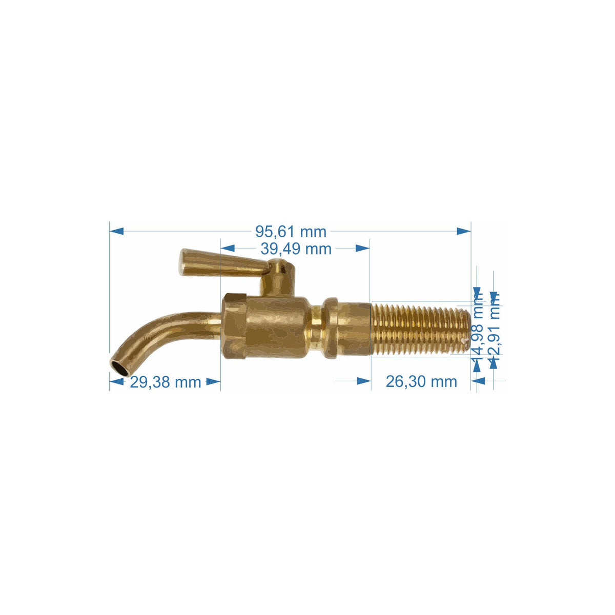 Maßzeichnung Messing-Zapfhahn: Gesamtlänge 95,61 mm, Auslauf 29,38 mm, Gewinde 26,30 mm, Hebel 39,49 mm