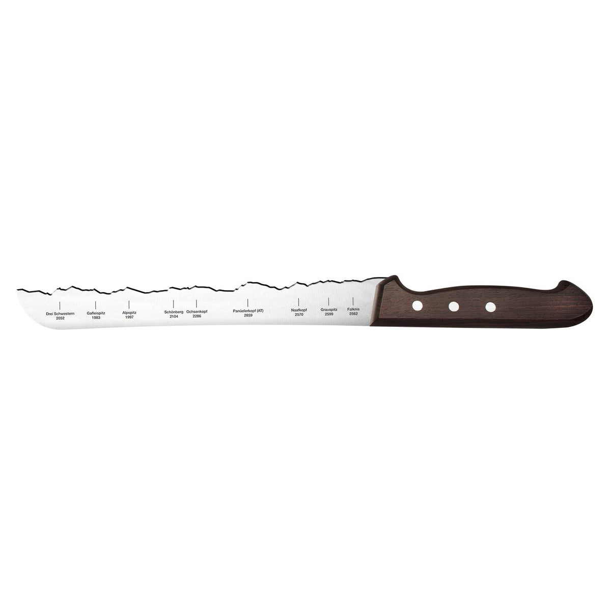 Liechtenstein Brotmesser von PanoramaKnife, Klinge mit den neun Gipfelnamen und Palisanderholz-Griff