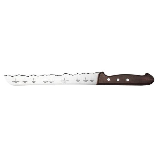 Liechtenstein Brotmesser von PanoramaKnife, Klinge mit den neun Gipfelnamen und Palisanderholz-Griff