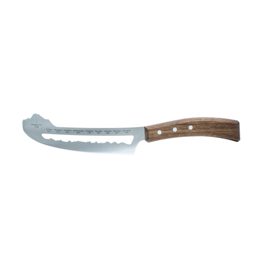 Best of Austria Käsemesser von PanoramaKnife, Klinge mit den zehn Gipfelnamen und Nussbaumholz-Griff