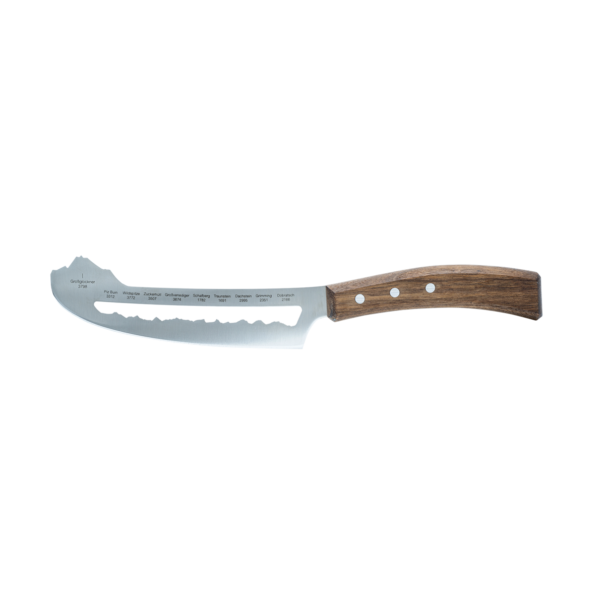Best of Austria Käsemesser von PanoramaKnife, Klinge mit den zehn Gipfelnamen und Nussbaumholz-Griff