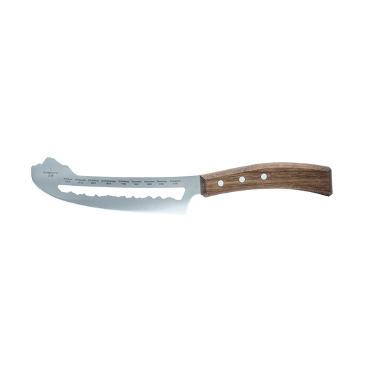 Best of Austria Käsemesser von PanoramaKnife, Klinge mit den zehn Gipfelnamen und Nussbaumholz-Griff
