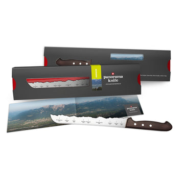 Liechtenstein Brotmesser von PanoramaKnife mit Geschenkverpackung und aufgeklappter Panoramakarte