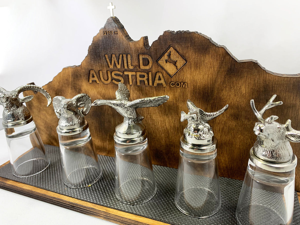 Schnapsgläser Set 5 Stück mit Tierköpfen aus Edelstahl –