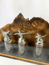 Schnapsgläser Tierköpfe 5 Stk. mit Großglockner Holzdisplay und Gipfelkreuz aus Silber