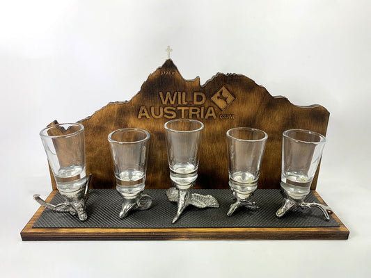 Schnapsgläser Tierköpfe 5 Stk. mit Großglockner Holzdisplay und Gipfelkreuz aus Silber