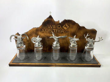 Schnapsgläser Tierköpfe 5 Stk. mit Großglockner Holzdisplay und Gipfelkreuz aus Silber