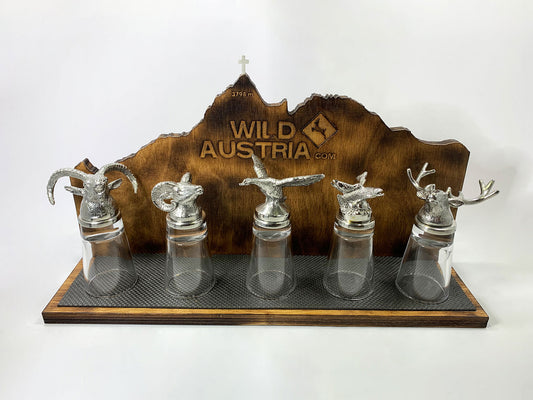Schnapsgläser Tierköpfe 5 Stk. mit Großglockner Holzdisplay und Gipfelkreuz aus Silber